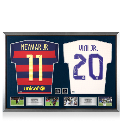 Neymar Jr & Vinicius Jr Official UEFA Champions League Signed and Dual Framed Barcelona and Real Madrid Shirts