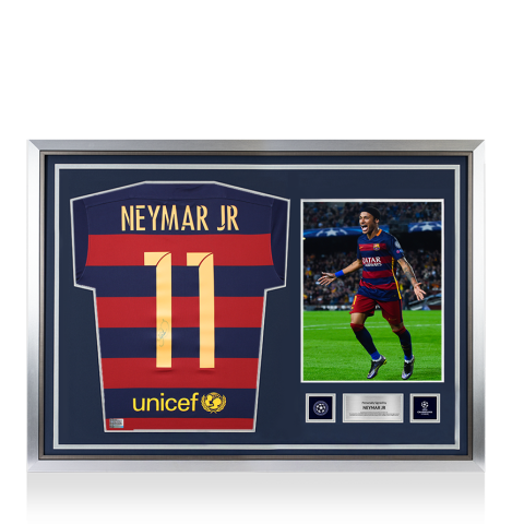Neymar Jr Official UEFA Champions League Back Signed and Hero Framed FC Barcelona 2015-16 Home Shirt