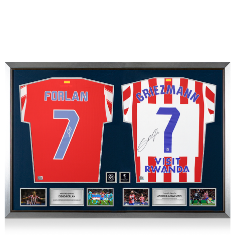 Diego Forlan & Antoine Griezmann Official UEFA Champions League Signed and Dual Framed Atletico Madrid Shirts