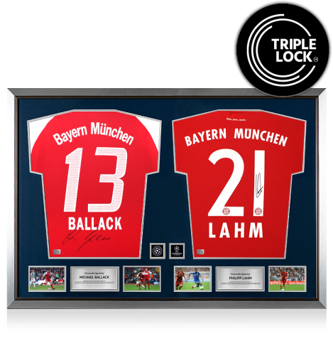 Michael Ballack & Philipp Lahm Official UEFA Champions League Signed and Dual Framed FC Bayern Munich Shirts