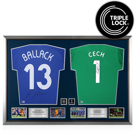 Michael Ballack & Petr Cech Official UEFA Champions League Signed and Dual Framed Chelsea Shirts