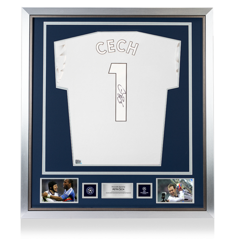 Petr Cech Official UEFA Champions League Back Signed and Framed Adidas White Goalkeeper Shirt