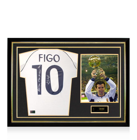Luis Figo Official Ballon d'Or™ Signed & Framed Real Madrid 1999-00 Reissue Home Shirt: Ballon d'Or Winner 2000