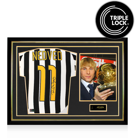 Pavel Nedved Official Ballon d'Or&trade; Back Signed and Hero Framed Juventus 2003-04 Home Shirt