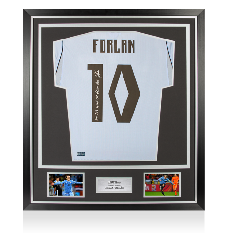Diego Forlan Back Signed Uruguay 2026 Home Shirt: 2010 FIFA World Cup Golden Ball Inscription In Classic Frame