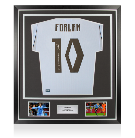 Diego Forlan Back Signed Uruguay 2026 Home Shirt: El Cava Cha Cha Inscription In Classic Frame