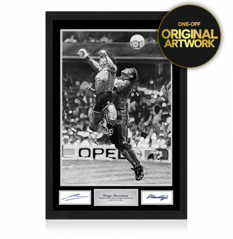 Original Diego Maradona Signed and Framed Tribute Artwork: Iconic Hand of God Goal