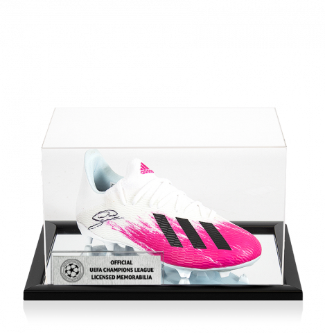 Georginio Wijnaldum Official UEFA Champions League Signed White and Pink Adidas X Boot In Acrylic Case