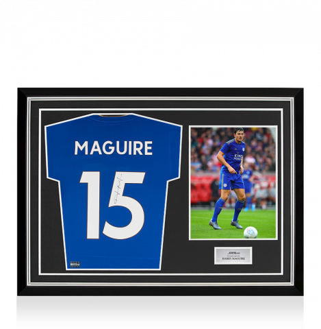Harry Maguire Back Signed Leicester City 2018-19 Home Shirt With Fan Style Numbers In Hero Frame: Option 1