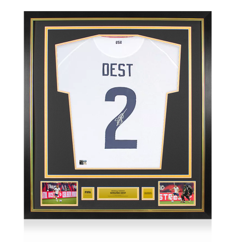 Sergino Dest Official FIFA World Cup™ Back Signed and Framed USMNT 2020-21 Home Shirt with Fan Style Numbers - Silver Bundle