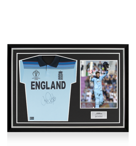 Joe Root Front Signed England Cricket Shirt In Hero Frame: 2019 ICC Cricket World Cup Special Edition