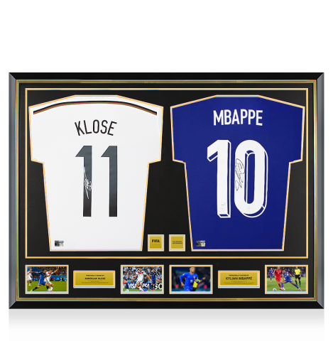 Miroslav Klose Germany & Kylian Mbappe France Official FIFA World Cup™ Signed and Dual Framed Shirts