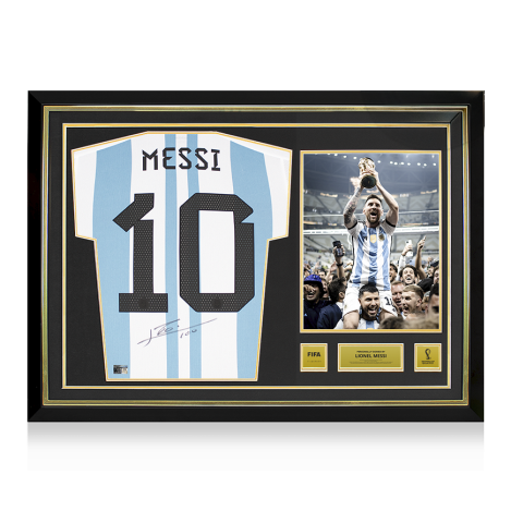 Lionel Messi Official FIFA World Cup™ 2022 Back Signed and Hero Framed Argentina 2022-23 Home Shirt