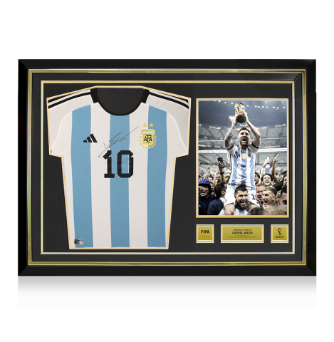 Lionel Messi Official FIFA World Cup™ 2022 Front Signed and Hero Framed Argentina 2022-23 Home Shirt