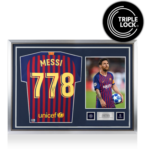 Lionel Messi Official UEFA Champions League Back Signed and Hero Framed FC Barcelona 2018-19 Home Shirt: 778 Appearances Edition