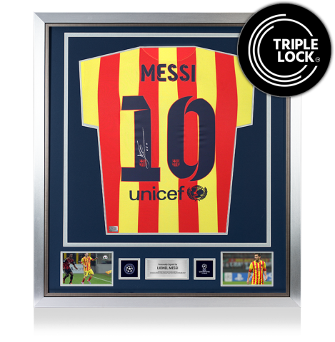 Lionel Messi Official UEFA Champions League Back Signed and Framed FC Barcelona 2013-15 Away Shirt