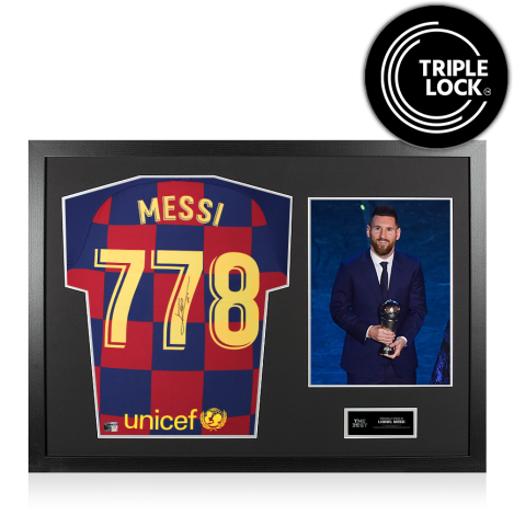Lionel Messi Official The Best FIFA Football Awards™ Back Signed and Framed FC Barcelona 2019-20 Home Shirt - 778 Appearances Edition: 2019 Winner