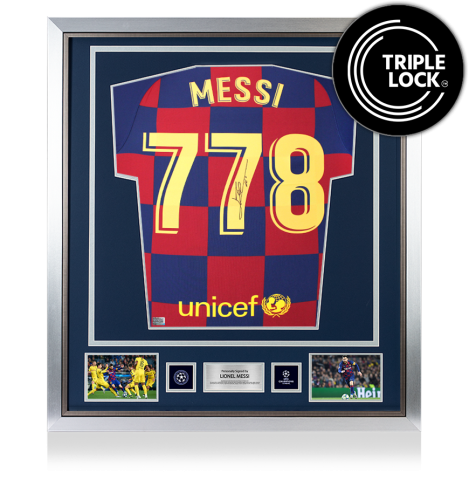 Lionel Messi Official UEFA Champions League Back Signed and Framed FC Barcelona 2019-20 Home Shirt: 778 Appearances Edition