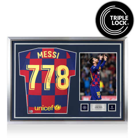 Lionel Messi Official UEFA Champions League Back Signed and Hero Framed FC Barcelona 2019-20 Home Shirt: 778 Appearances Edition