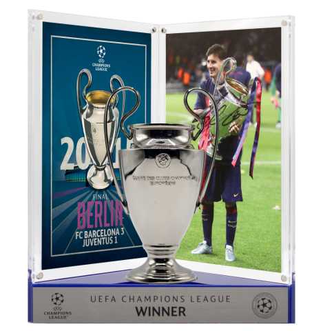 Lionel Messi Official UEFA Champions League Signed 3D Mini Replica Trophy on Stand: 2015 Mini