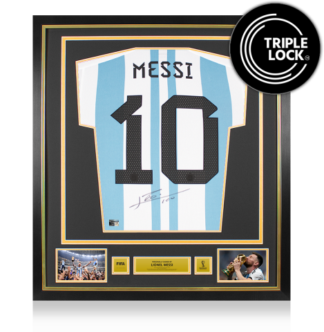 PRE-ORDER Lionel Messi Official FIFA World Cup™ 2022 Back Signed and Framed Argentina 2022-23 Home Shirt