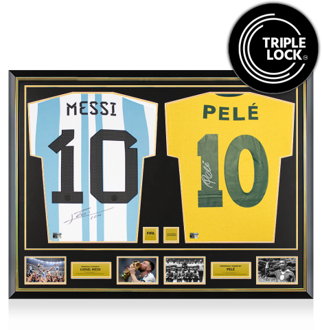 Lionel Messi & Pele Official FIFA World Cup™ Back Signed and Dual Framed Argentina 2022-23 and Brazil Retro Home Shirts Lionel Messi & Pele Official FIFA World Cup™ Back Signed and Dual Framed Argentina 2022-23 and Brazil Retro Home Shirts