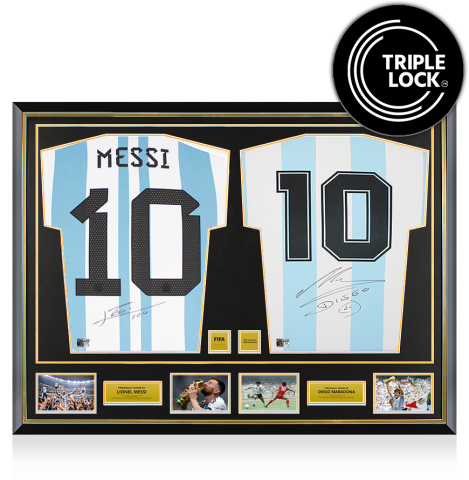 Lionel Messi & Diego Maradona Official FIFA World Cup™ Back Signed and Dual Framed Argentina 2022-23 and 1986 Home Shirts Lionel Messi & Diego Maradona Official FIFA World Cup™ Back Signed and Dual Framed Argentina 2022-23 and 1986 Home Shirts