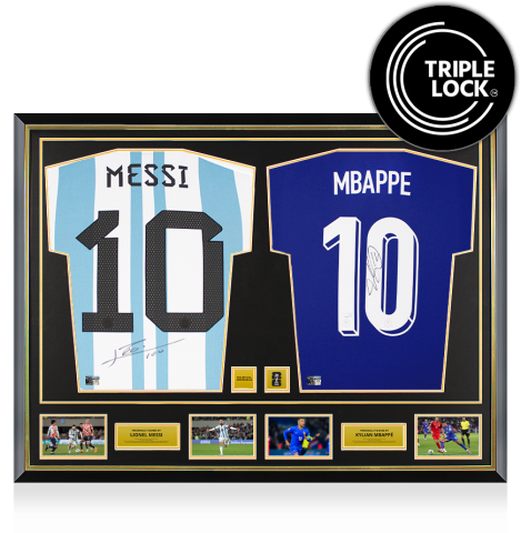 Lionel Messi & Kylian Mbappe Official 2026 FIFA World Cup™ Back Signed and Dual Framed Argentina 2022-23 and France 2024 Home Shirts Lionel Messi & Kylian Mbappe Official 2026 FIFA World Cup™ Back Signed and Dual Framed Argentina 2022-23 and France 2024 Home Shirts