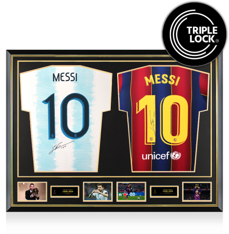Lionel Messi Official Ballon d'Or&trade; Signed and Dual Framed Argentina and Barcelona Shirts: 2019 Ballon d'Or Winner