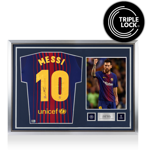 Lionel Messi Official UEFA Champions League Back Signed and Hero Framed FC Barcelona 2017-18 Home Shirt