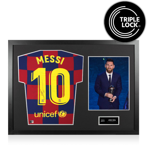 Lionel Messi Official The Best FIFA Football Awards™ Back Signed and Framed FC Barcelona 2019-20 Home Shirt: 2019 Winner Lionel Messi Official The Best FIFA Football Awards™ Back Signed and Framed FC Barcelona 2019-20 Home Shirt: 2019 Winner