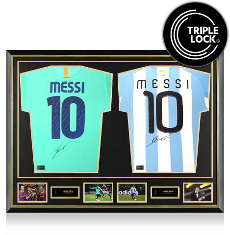 Lionel Messi Official Ballon d'Or™ Signed and Dual Framed Barcelona and Argentina Shirts: 2010 Ballon d'Or Winner