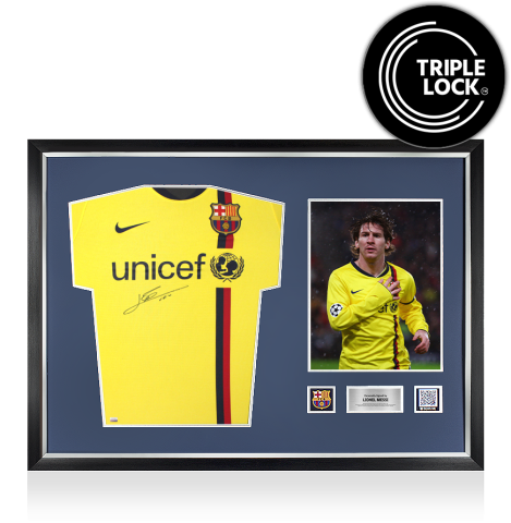 Lionel Messi Official FC Barcelona Front Signed and Framed 2008-10 Away Shirt