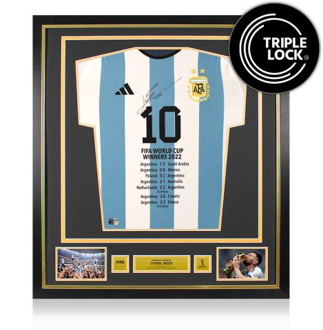 Lionel Messi Official 2022 FIFA World Cup™ Front Signed and Framed Argentina 2022-23 Home Shirt: 2022 FIFA World Cup Winner Stats Edition