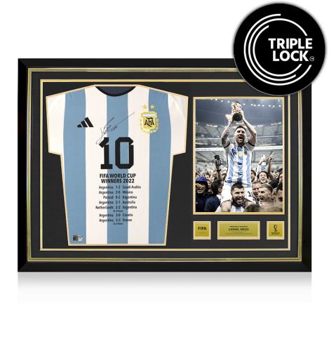 Lionel Messi Official 2022 FIFA World Cup™ Front Signed and Hero Framed Argentina 2022-23 Home Shirt: 2022 FIFA World Cup Winner Stats Edition