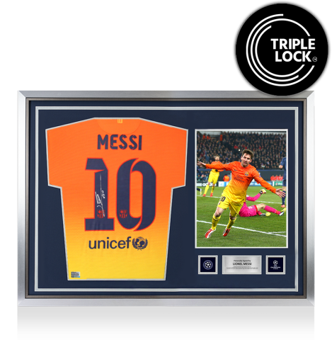 Lionel Messi Official UEFA Champions League Back Signed and Hero Framed FC Barcelona 2012-13 Away Shirt