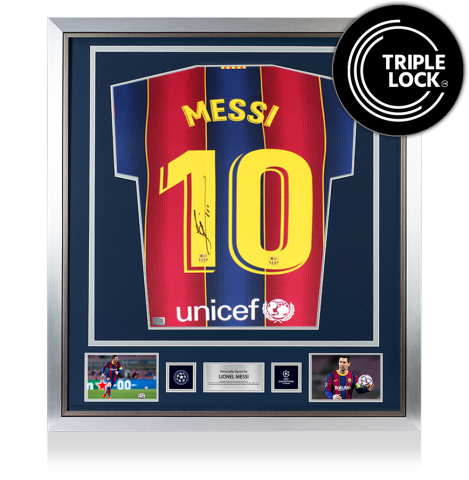 Lionel Messi Official UEFA Champions League Back Signed and Framed FC Barcelona Authentic 2020-21 Home Shirt