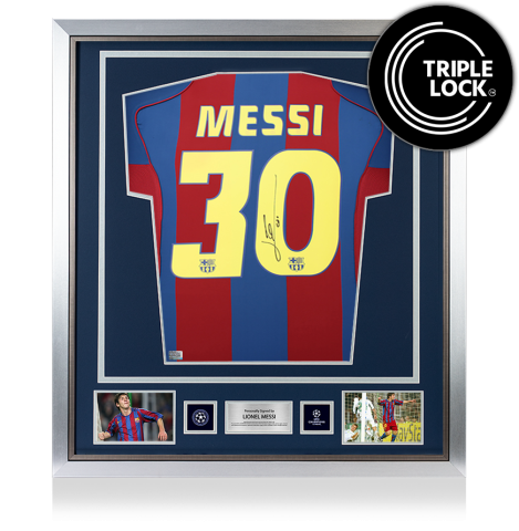 Lionel Messi Official UEFA Champions League Back Signed and Framed FC Barcelona 2004-05 Home Shirt