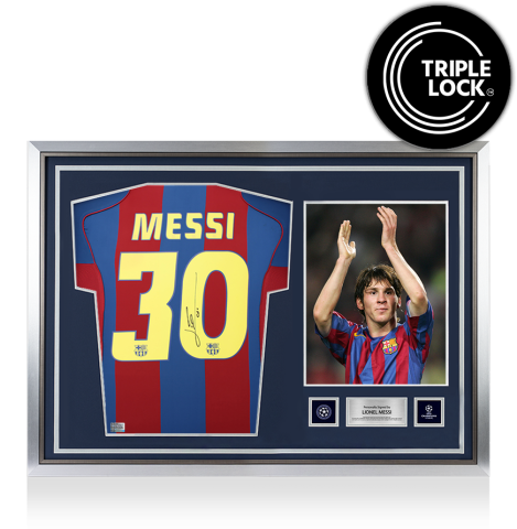 Lionel Messi Official UEFA Champions League Back Signed and Hero Framed FC Barcelona 2004-05 Home Shirt