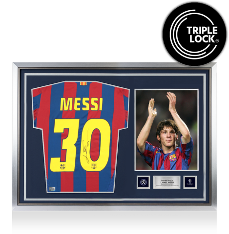 Lionel Messi Official UEFA Champions League Back Signed and Hero Framed FC Barcelona 2005-06 Reissue Shirt