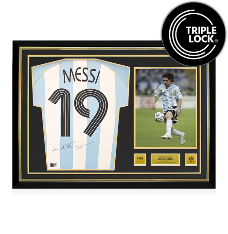 Lionel Messi Official FIFA World Cup™ 2006 Back Signed and Hero Framed Argentina 2006 Home Reissue Shirt