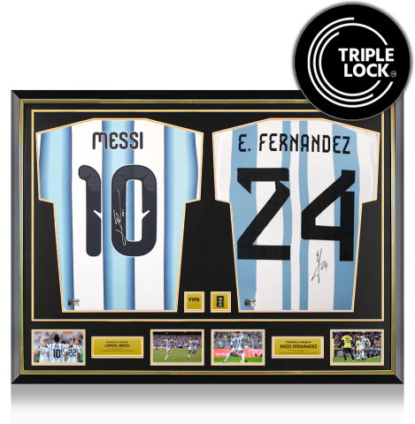 Lionel Messi & Enzo Fernandez Official FIFA World Cup™ 2026 Signed and Framed Argentina Shirts In Dual Frame