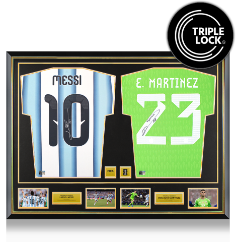 Lionel Messi & Emiliano Martinez Official FIFA World Cup™ 2026 Signed and Framed Argentina Shirts In Dual Frame