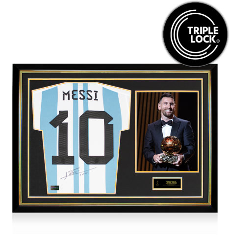 PRE-ORDER Lionel Messi Official Ballon d'Or&trade; Back Signed and Hero Framed Argentina 2022 Home Shirt
