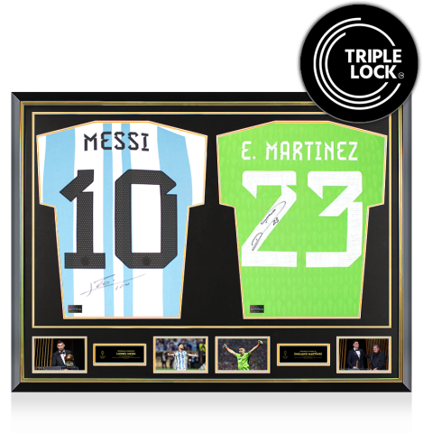 PRE-ORDER Lionel Messi & Emiliano Martinez Official Ballon d'Or™ Signed and Dual Framed Argentina Shirts