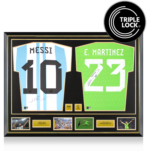 PRE-ORDER Lionel Messi & Emiliano Martinez Official 2022 FIFA World Cup™ Signed and Dual Framed Argentina Shirts