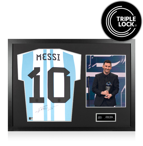 PRE-ORDER Lionel Messi Official The Best FIFA Football Awards&trade; Back Signed and Framed Argentina 2022-23 Home Shirt: 2022 Winner
