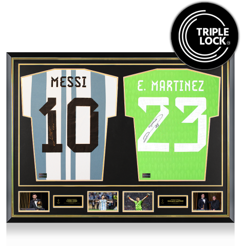 PRE-ORDER Lionel Messi & Emiliano Martinez Official Ballon d'Or™ Signed and Dual Framed Argentina Shirts