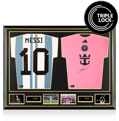 Lionel Messi Official Ballon d'Or™ Signed and Dual Framed Argentina and Inter Miami Shirts: 2023 Ballon d'Or Winner