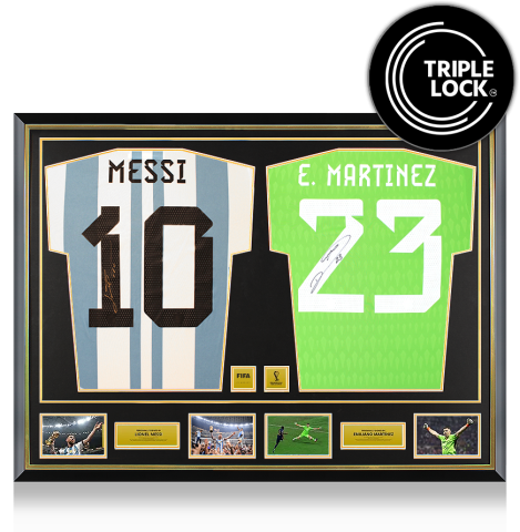 PRE-ORDER Lionel Messi & Emiliano Martinez Official 2022 FIFA World Cup™ Signed and Dual Framed Argentina Shirts